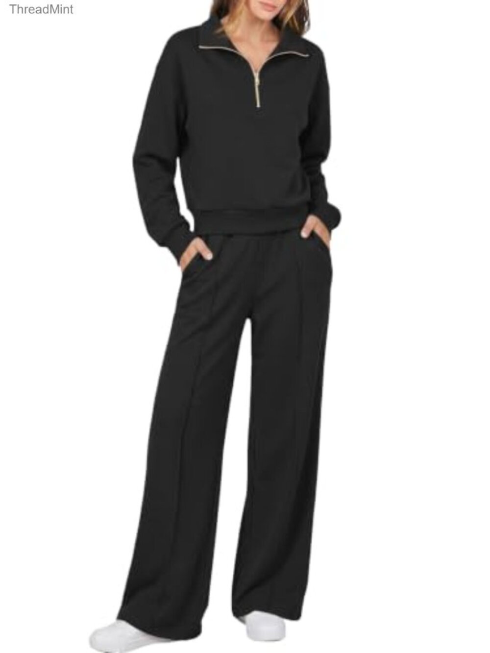 2 Piece Lounge Set Sweatsuit Half Zip Wide Leg Pants